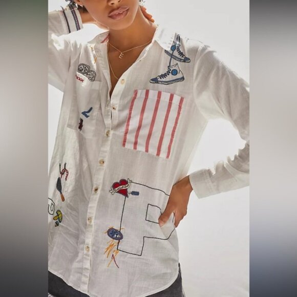 Anthropologie Tops - Anthropologie Pilcro Embroidered White Classic Shirt Retro Art Whimsy Size XL